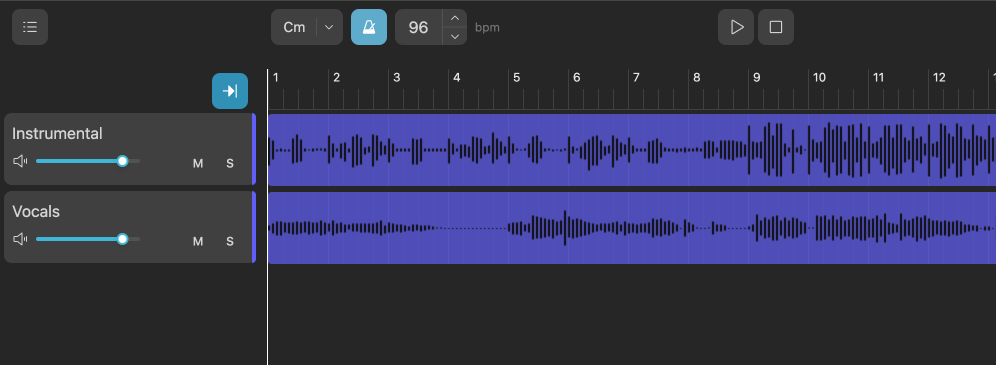 Patefon Studio интерфейсі: көпжолақты редактор, BPM өрісі, метроном белгішесі және такт сызғышы